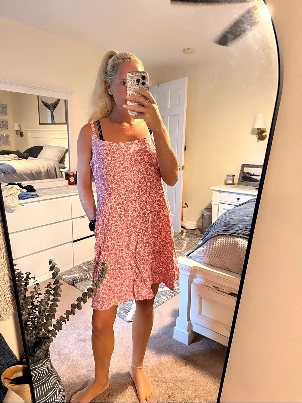 Old Navy Square-Neck Linen-Blend Floral Mini Dress Pink & White XL